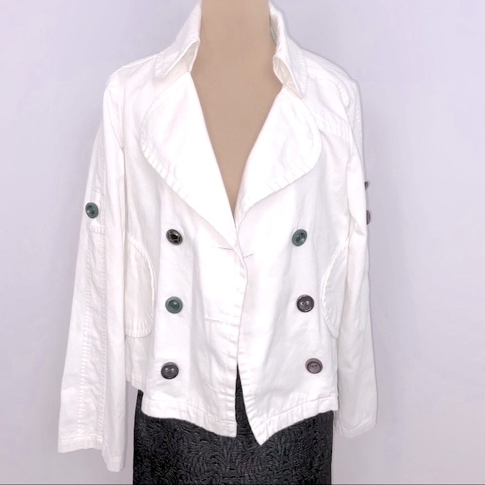 Double Breasted Eclectic Buttons White Cropped Canvas Pea Coat Jacket Size L